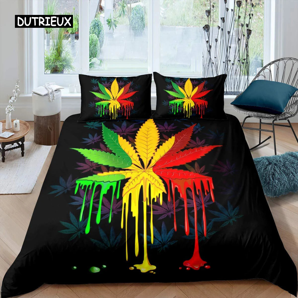 Juego de Cama con Estampado de Hojas de Marihuana – Diseño Psicodélico y Colorido 🌿✨
¡Transforma tu espacio con este juego de cama inspirado en el cannabis ! Edredón de microfibra premium con un estampado vibrante